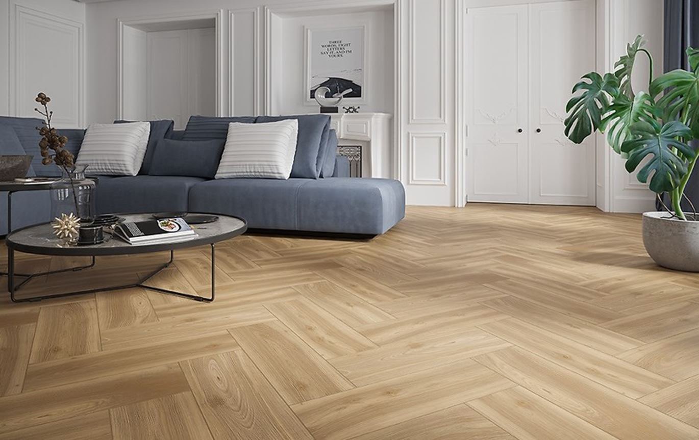 Fiskebeinsgulv i moderne stue