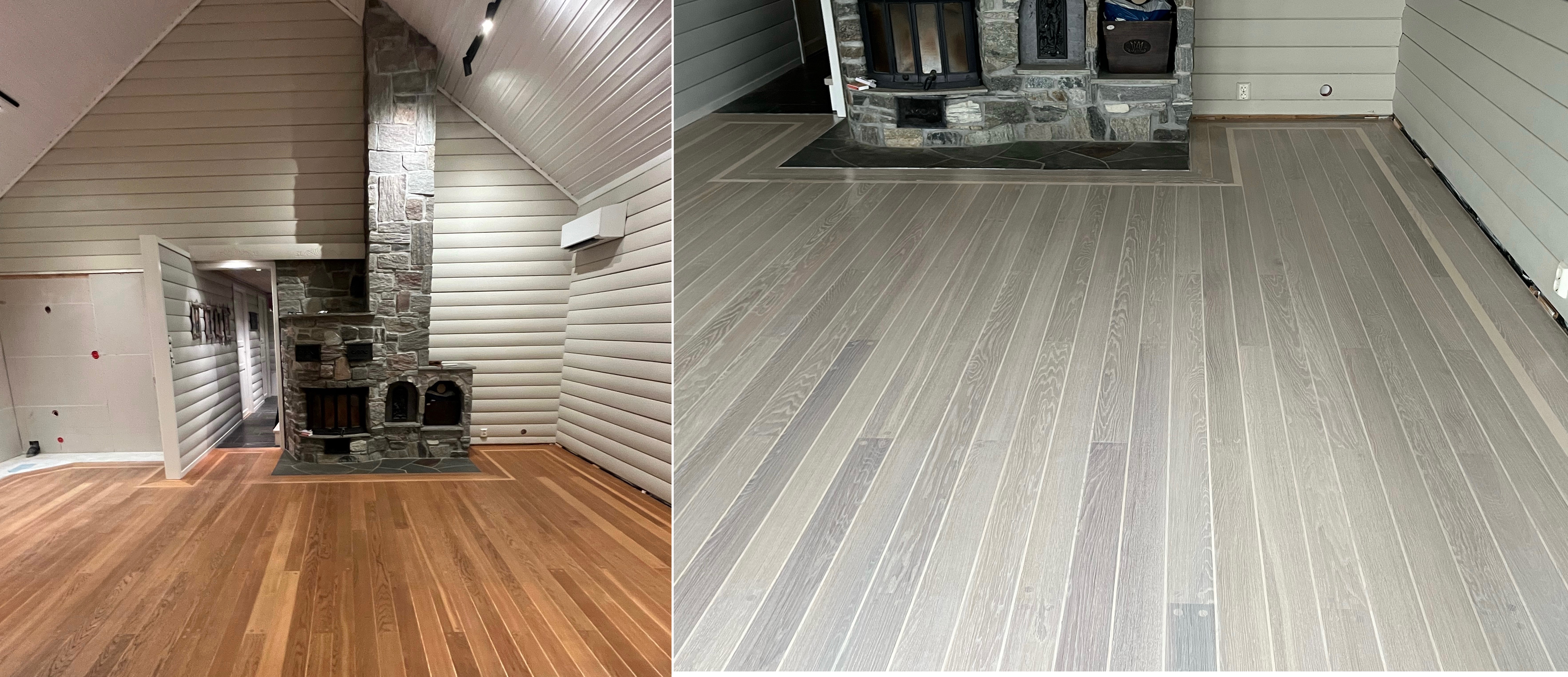 Gulvsliping før og etter - loft med peis