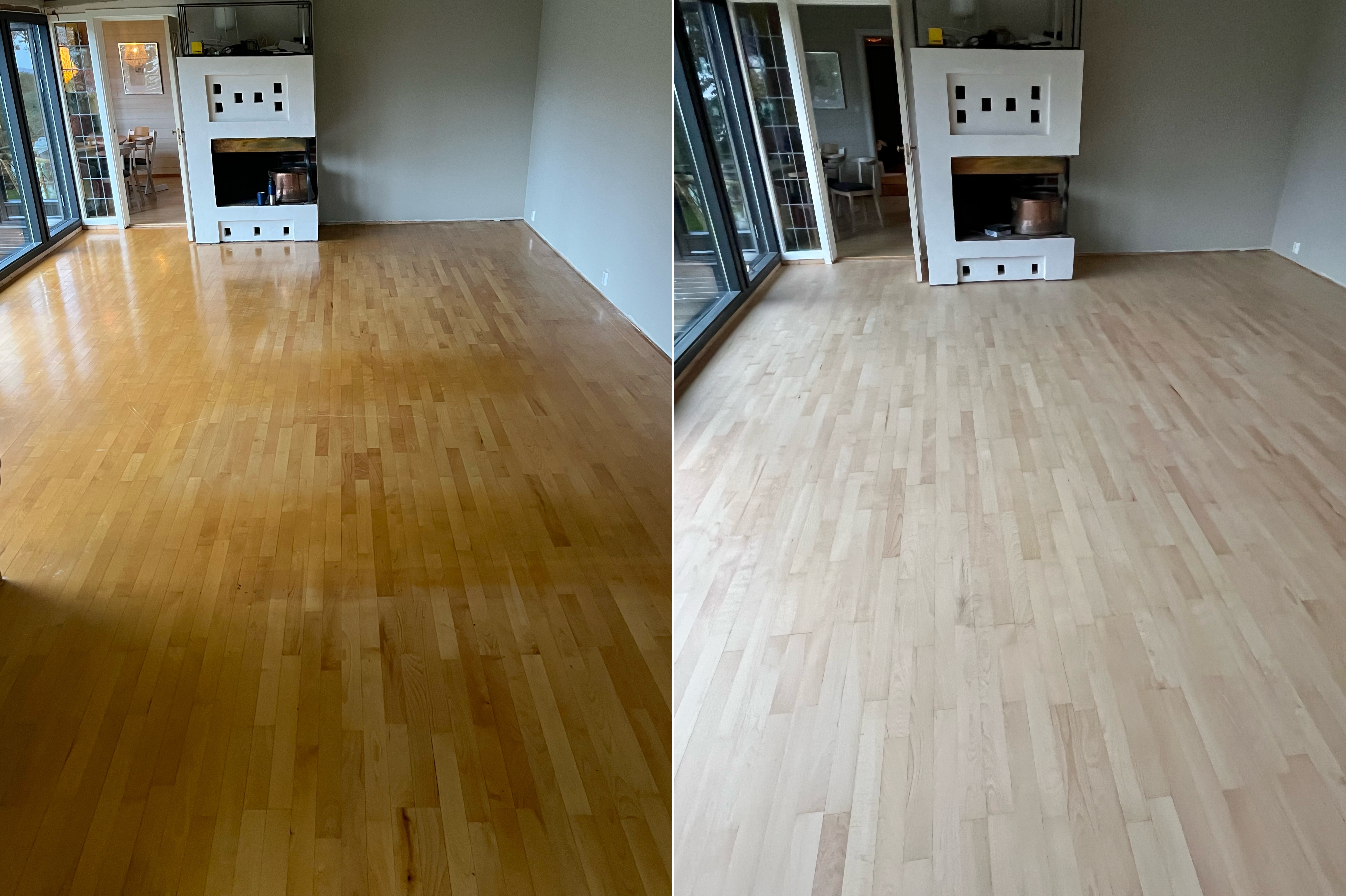 Gulvsliping før og etter - stue med peis