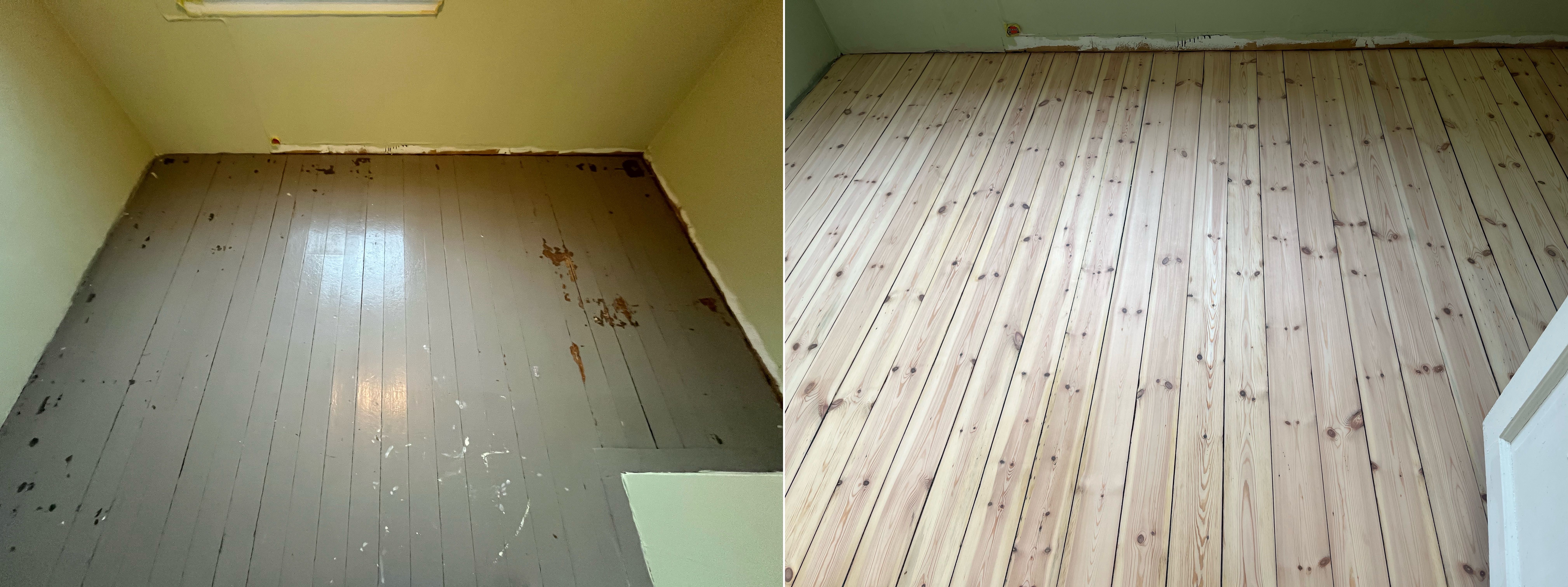 Gulvsliping før og etter - plankegulv