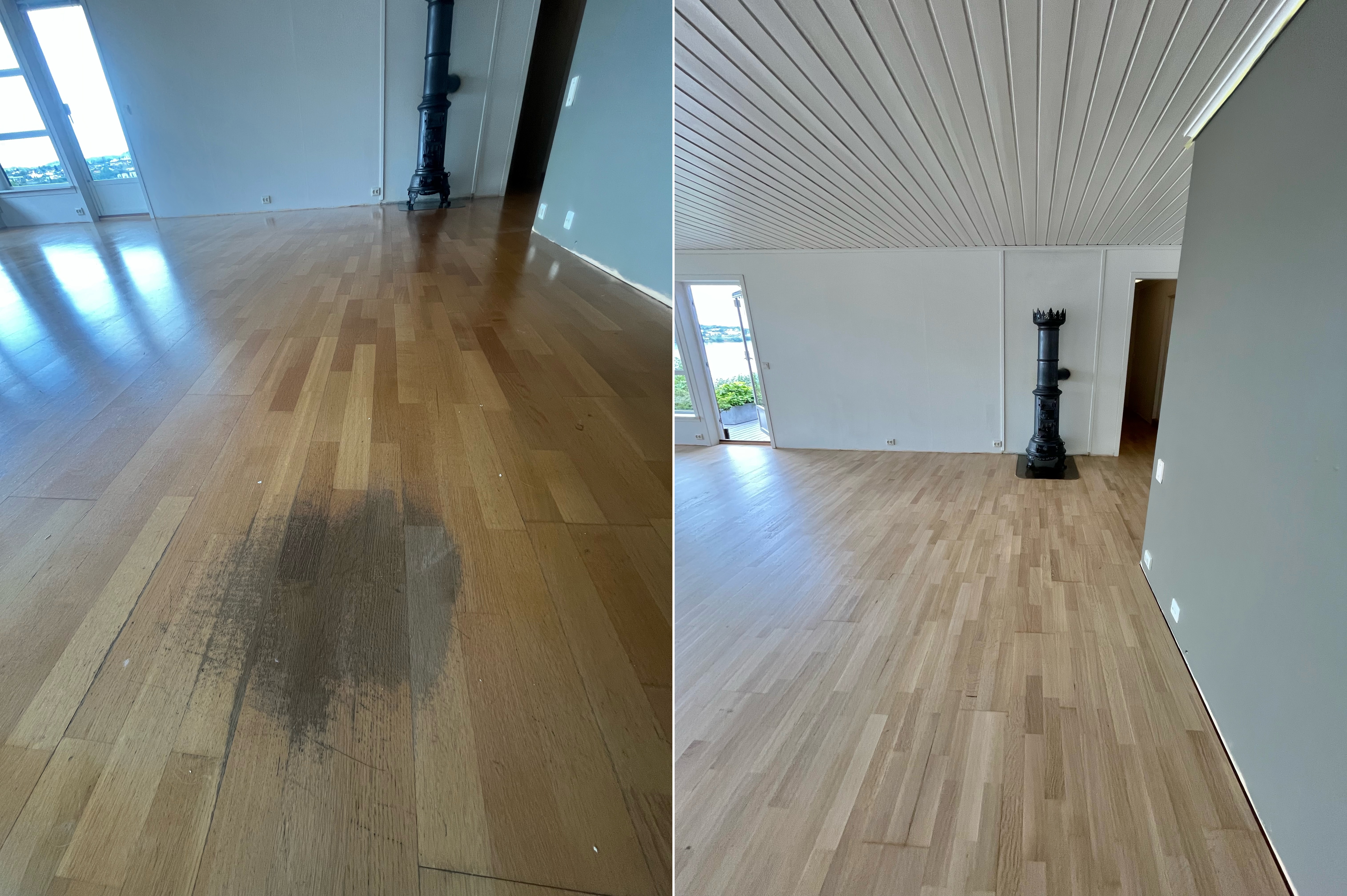 Gulvsliping før og etter - mørk stue